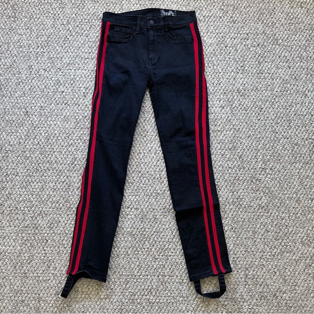 SIWY women’s jeans red stripe bottom stirrups black red size 28” waist USA Made